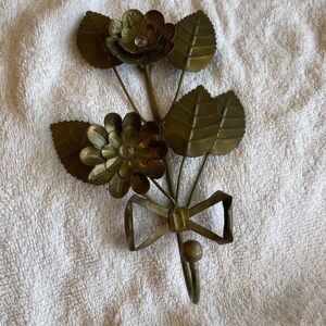 Gold Metal Floral Decorative Wall Hooks Set of 2 Vintage Polished Flower Design